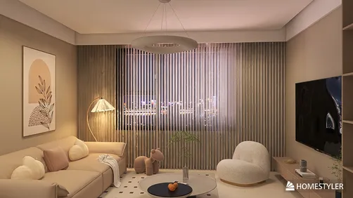 cozy living room with sleek furniture arrangement in warm tones featuring modern design elements and a spacious value utilizing Homestyler's real-time 3D rendering functionality