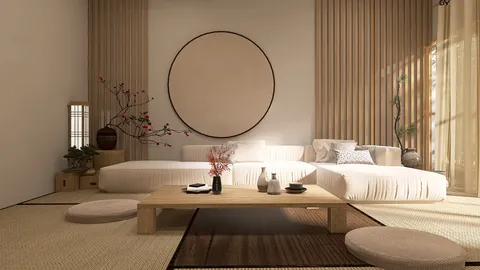 spacious living room with minimalist furniture arrangement in Japanese zen style, showcasing interior decor concepts; features Homestyler's real-time 3D rendering for quick design previews.
