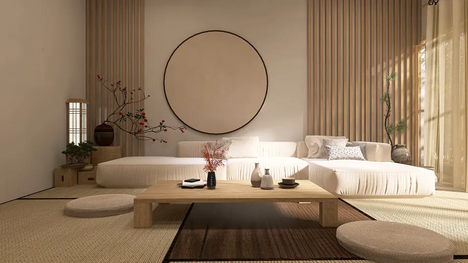 spacious living room with minimalist furniture arrangement in Japanese zen style, showcasing interior decor concepts; features Homestyler's real-time 3D rendering for quick design previews.