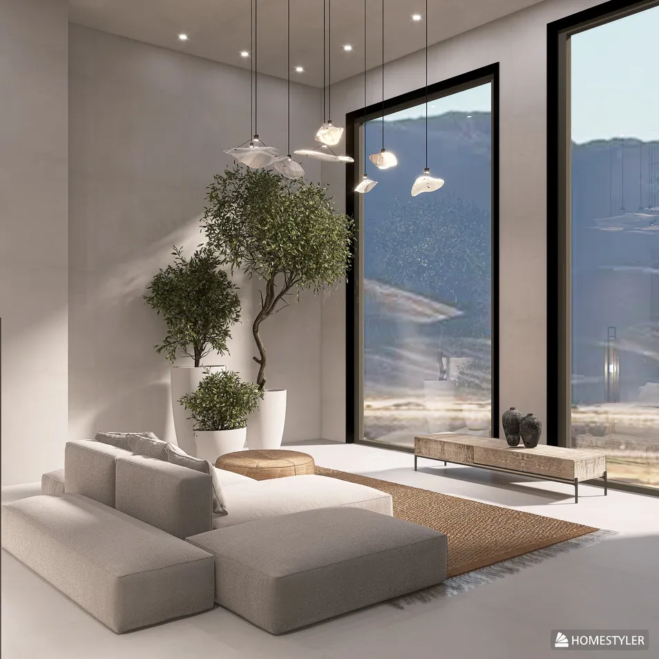 Modern living room featuring a sleek sectional sofa and large windows with mountain views, designed using Homestyler's real-time 3D rendering for an enhanced visualization experience.