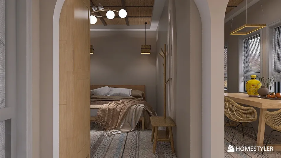 A cozy bedroom with a wooden bed and warm decor, showcasing a modern rustic style, emphasizing relaxed living space; featuring Homestyler's real-time 3D rendering for design preview.