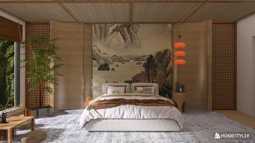 bedroom with a large bed featuring decorative pillows and a textured wall mural, designed in a modern minimalist style, showcasing effective interior decor for homestyler's real-time 3D rendering feature.
