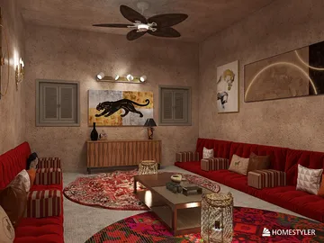 Living room featuring a cozy layout with red upholstered sofas and a decorative rug, styled in a contemporary ethnic design, showcasing the real-time 3D rendering functionality of Homestyler.