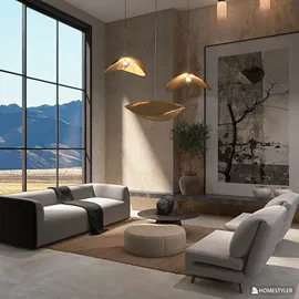 Modern living room featuring soft sofas and artistic wall decor, showcasing a contemporary design style with a focus on spatial harmony, using Homestyler's real-time 3D rendering functionality.