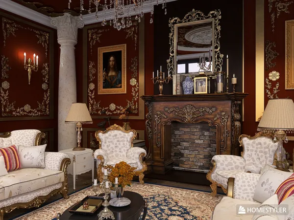 luxurious living room with elegant furniture showcasing a classic design style and ornate decor, optimized using Homestyler's real-time 3D rendering feature