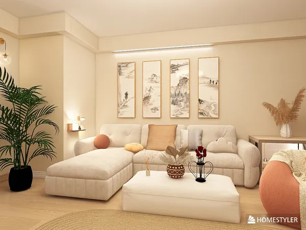 cozy living room with modern sectional sofa and decorative artwork featuring serene landscapes, showcasing interior decor with Homestyler's smart furniture arrangement feature for optimal space utilization.