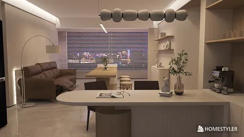 modern interior design featuring a cozy living room with a sofa and dining area, utilizing Homestyler's real-time 3D rendering for accurate space visualization