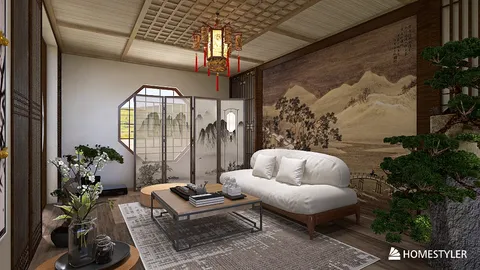 Traditional Asian living room with a minimalist sofa and decorative screen, showcasing a serene landscape mural, optimized for interior decoration using Homestyler's real-time 3D rendering feature.