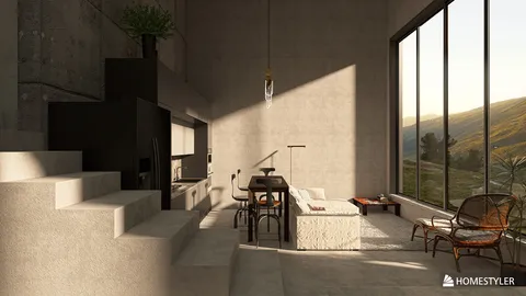 concrete living room design showcasing open layout with natural light creating a minimalist aesthetic, featuring Homestyler's real-time 3D rendering functionality
