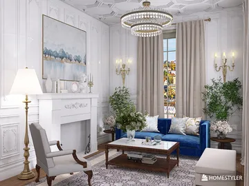 Living room featuring elegant blue sofa with decorative pillows, styled with modern chandelier and white walls, showcasing a luxurious interior design aesthetic; utilizing Homestyler's real-time 3D rendering for effective design proposal presentation.