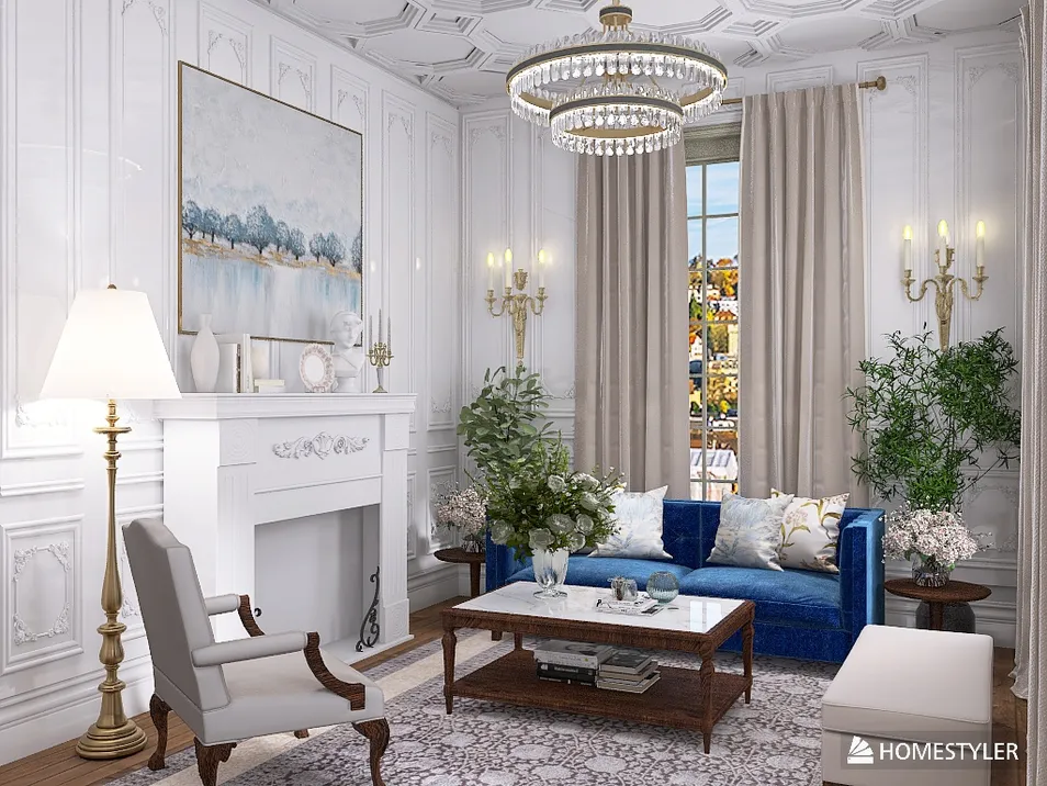 Living room featuring elegant blue sofa with decorative pillows, styled with modern chandelier and white walls, showcasing a luxurious interior design aesthetic; utilizing Homestyler's real-time 3D rendering for effective design proposal presentation.