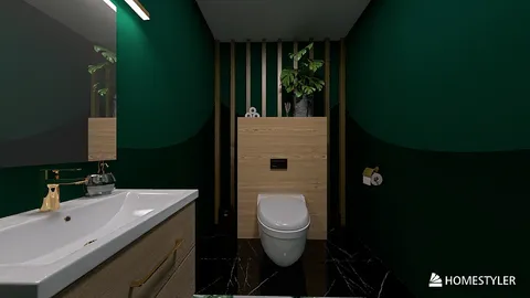 Modern bathroom design featuring a sleek white sink and toilet, adorned with dark green walls and wooden accents, showcasing the functionality of Homestyler's real-time 3D rendering for interior decor.