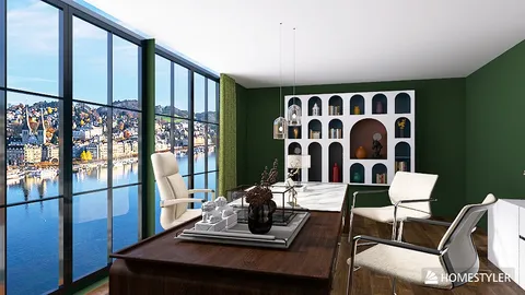 modern office design with panoramic window views decorating with green walls showcasing a sophisticated interior decor style utilizing Homestyler's real-time 3D rendering feature