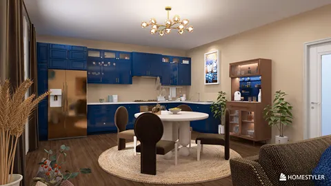modern kitchen design featuring blue cabinetry and a circular dining table, showcasing a contemporary aesthetic for optimal space utilization, made possible by Homestyler's real-time 3D rendering.