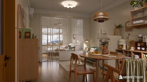 cozy dining area with a wooden table and chairs featuring a modern decor style, showcasing a warm and inviting atmosphere in a small apartment, utilizing Homestyler's real-time 3D rendering feature.
