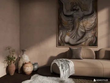 modern living room with a minimalist design featuring a beige sofa and art piece, showcasing a serene atmosphere with natural light, highlighting interior decor elements such as vases and a plush rug, utilizing Homestyler's real-time 3D rendering for visual preview.