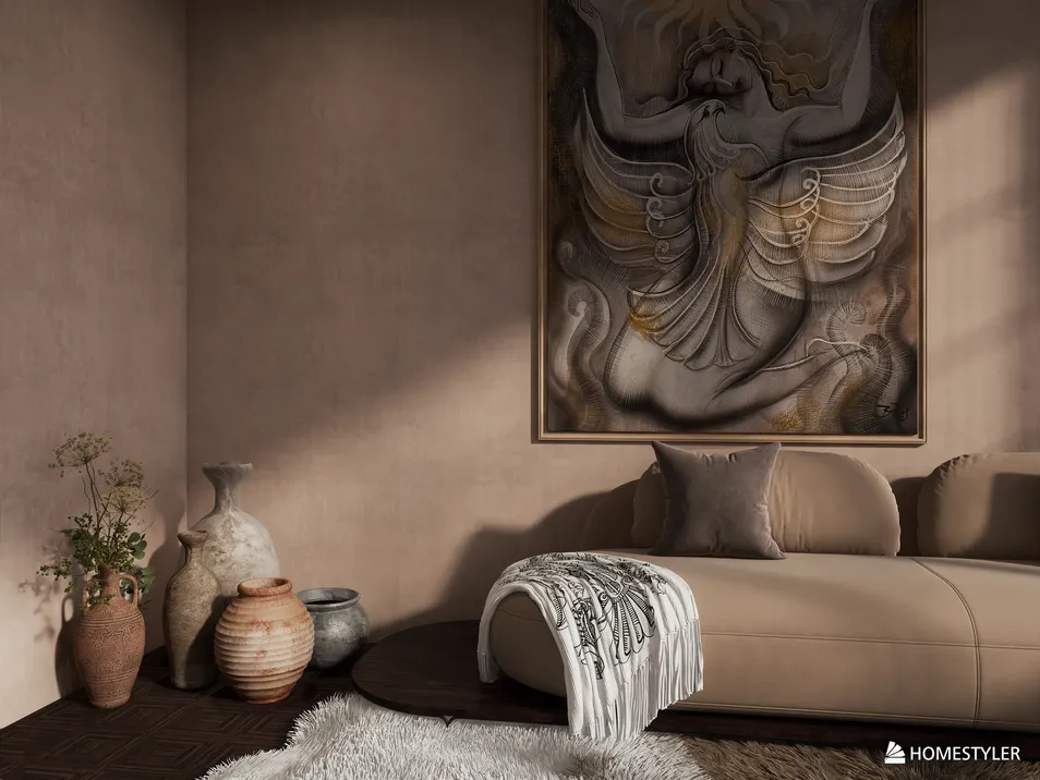 modern living room with a minimalist design featuring a beige sofa and art piece, showcasing a serene atmosphere with natural light, highlighting interior decor elements such as vases and a plush rug, utilizing Homestyler's real-time 3D rendering for visual preview.