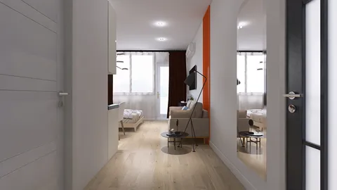 Modern hallway interior design showcasing a stylish entrance leading to a cozy living area, featuring a warm color palette and natural wood flooring, utilizing Homestyler's real-time 3D rendering for an immersive design preview.