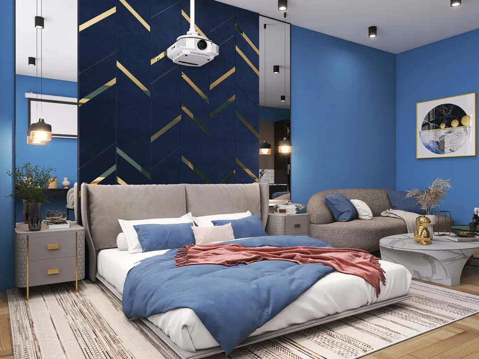 modern bedroom design featuring a stylish bed with blue linens and decorative throw, accented by a blue wall with golden geometric patterns, utilizing Homestyler's real-time 3D rendering for quick design previews.
