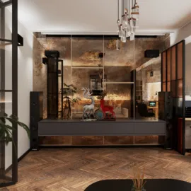 modern living room with a stylish TV unit and elegant wall decor featuring a warm color palette, showcasing interior design ideas using Homestyler's real-time 3D rendering feature.