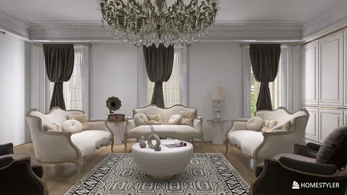 Elegant living room featuring a luxurious sofa arrangement and a stylish coffee table, designed in a classic style for an inviting atmosphere, showcasing Homestyler's real-time 3D rendering capability.