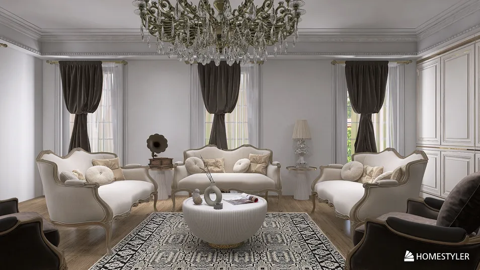 Elegant living room featuring a luxurious sofa arrangement and a stylish coffee table, designed in a classic style for an inviting atmosphere, showcasing Homestyler's real-time 3D rendering capability.