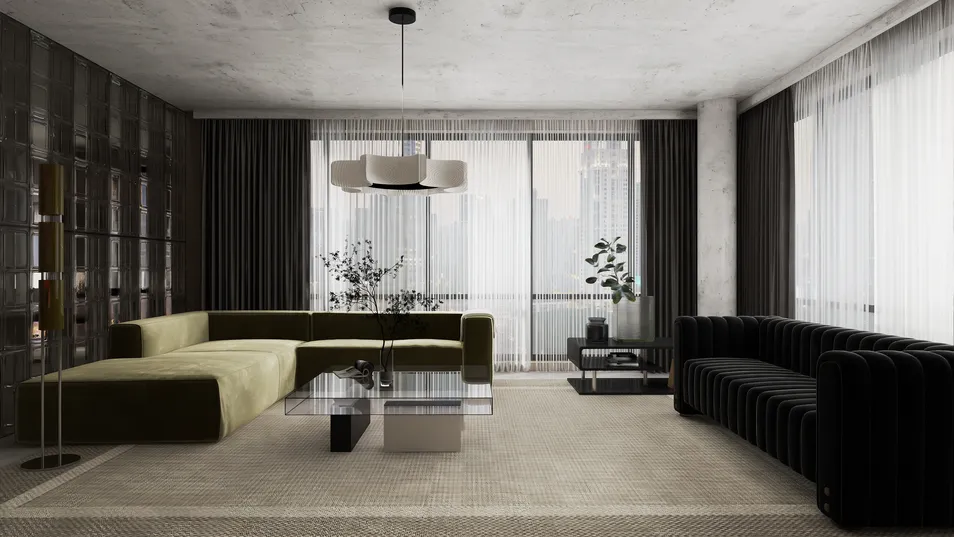 Modern living room featuring a stylish green sectional sofa and a black velvet sofa, showcasing a minimalist design with large windows and elegant lighting, ideal for interior decor visualizations using Homestyler's real-time 3D rendering capabilities.