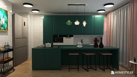 modern kitchen design featuring a green island with bar stools, showcasing a sleek minimalist style, perfect for enhancing the functionality of small spaces using Homestyler's real-time 3D rendering feature.