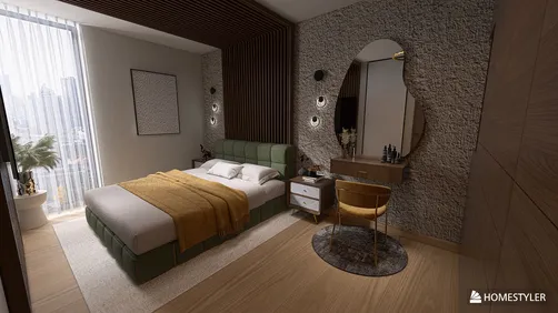 modern bedroom with stylish furniture arrangement featuring a cozy bed and decorative mirror in a contemporary design style that enhances the intimate space; showcasing Homestyler's real-time 3D rendering functionality.