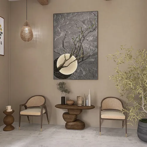 A cozy seating arrangement featuring two stylish chairs and a round coffee table, designed with elegant textures, showcasing a contemporary interior decor style, ideal for creating a welcoming space; leveraging real-time 3D rendering capabilities in Homestyler.