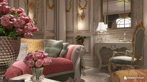 luxurious living room with elegant decor and floral arrangements showcasing 3D interior design concepts using Homestyler's real-time 3D rendering feature