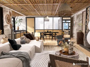 Cozy living room featuring a bamboo ceiling design, showcasing a modern rustic style with a focus on natural materials and textures, enhancing the aesthetic value of interior decor using Homestyler's real-time 3D rendering feature.