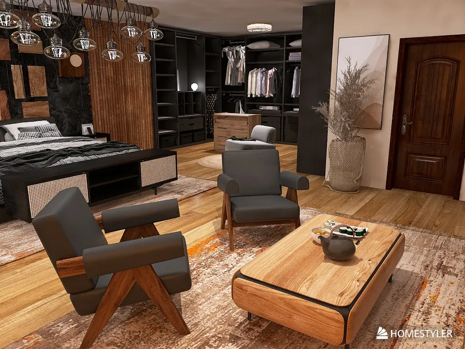 modern armchairs showcasing intelligent furniture arrangement in a stylish bedroom, enhancing spatial value with Homestyler's 3D rendering feature