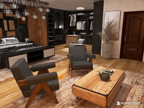 modern armchairs showcasing intelligent furniture arrangement in a stylish bedroom, enhancing spatial value with Homestyler's 3D rendering feature