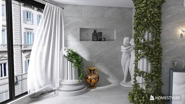 A beautifully designed bathroom featuring a marble column, elegant white curtains draping over large windows, and a statue surrounded by lush greenery. This interior decor highlights the serene ambiance and allows for natural light to flood the space, showcasing Homestyler's real-time 3D rendering capabilities for effective design proposals.