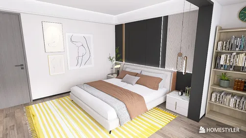 bedroom interior design featuring a stylish modern bed with warm tones, showcasing a cozy atmosphere; utilizes Homestyler's real-time 3D rendering for visualizing design proposals.