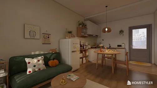 cozy living room with rustic kitchen design featuring a green sofa and wooden dining table in an open space layout, showcasing Homestyler's real-time 3D rendering capabilities.