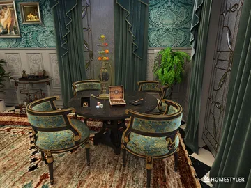elegant dining area featuring a round table surrounded by ornate chairs, showcasing a vintage decor style, perfect for interior design inspiration using Homestyler's real-time 3D rendering feature.