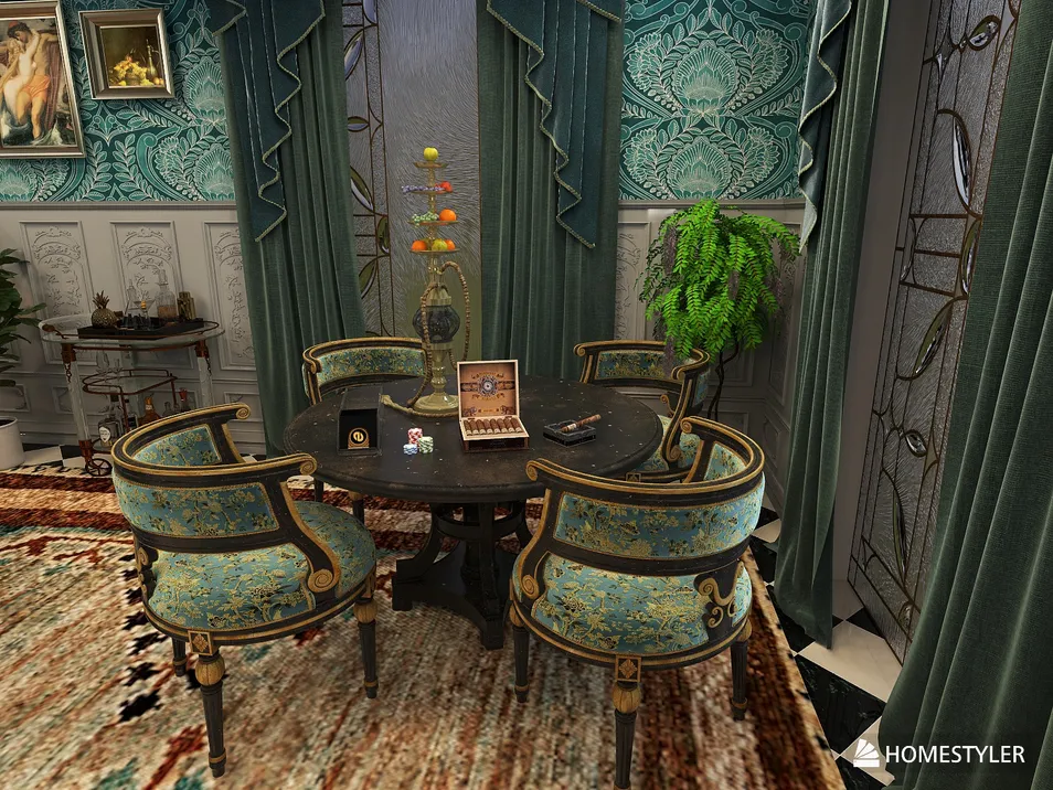 elegant dining area featuring a round table surrounded by ornate chairs, showcasing a vintage decor style, perfect for interior design inspiration using Homestyler's real-time 3D rendering feature.