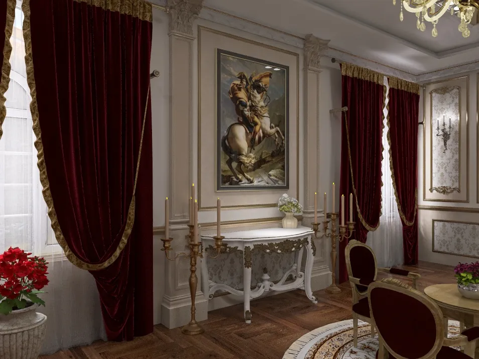 opulent living room with rich red drapes and ornate furnishings showcasing classical elegance in interior design, featuring Homestyler's real-time 3D rendering for accurate decor visualization.