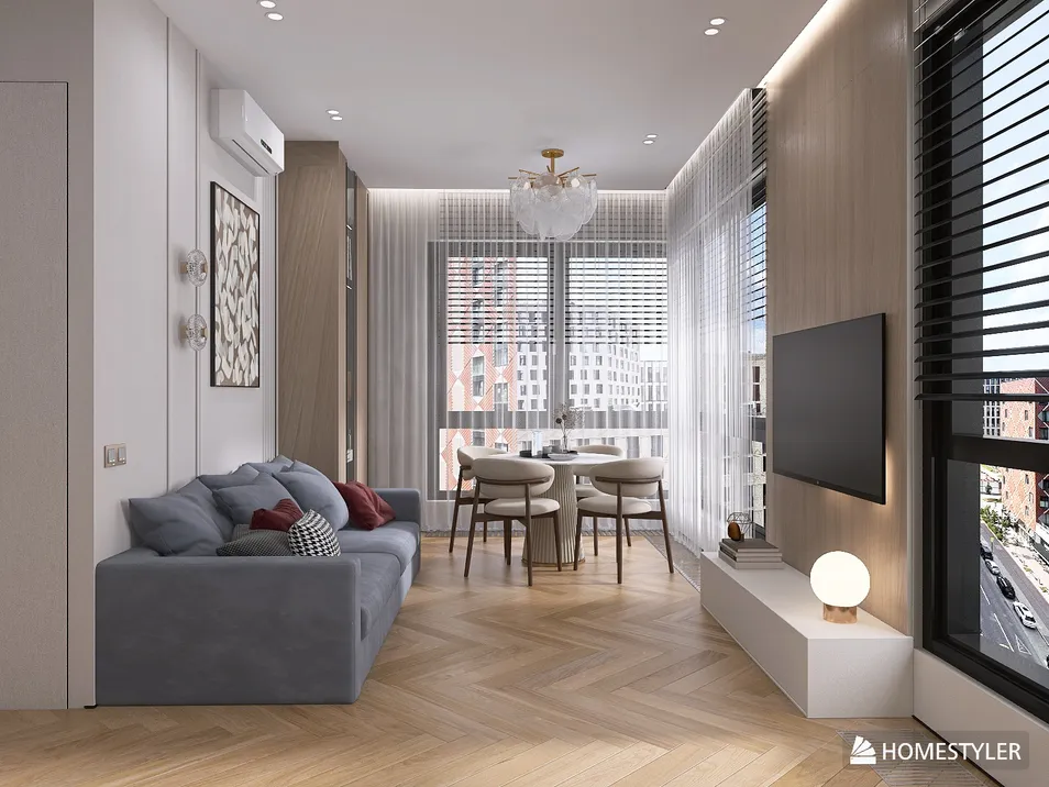 cozy living room with stylish furniture arrangement showcasing modern interior design and natural light, featuring Homestyler's real-time 3D rendering capability
