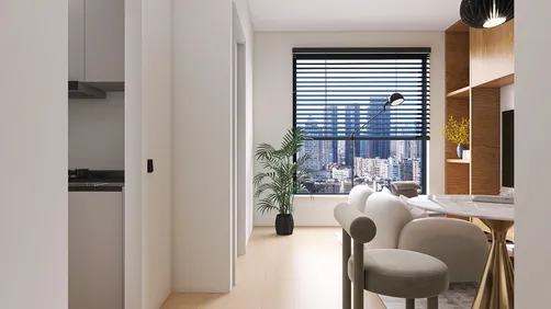 Modern living area featuring a dining space and large windows with city views, showcasing sleek furniture arrangement in a contemporary style, utilizing Homestyler's AR virtual furniture placement feature for accurate interior decor.