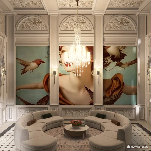 luxurious living room featuring elegant artwork and modern furniture layout in neoclassical style, optimized with Homestyler's real-time 3D rendering