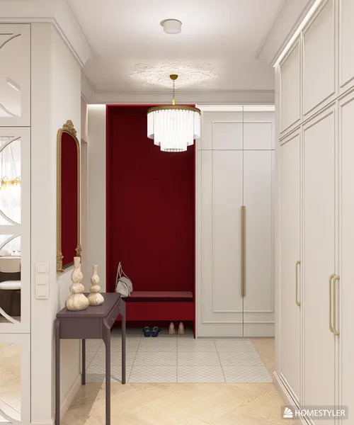 Stylish entrance hall featuring a modern console table and elegant wardrobe, showcasing a chic design with a red accent wall, ideal for enhancing the entryway aesthetics using Homestyler's real-time 3D rendering feature.