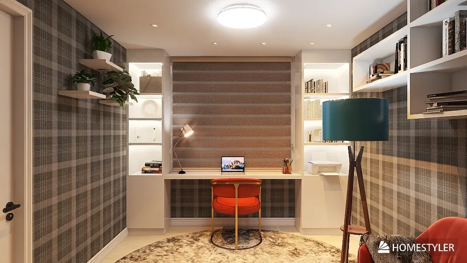 home office space with desk arrangement featuring a cozy chair and decorative shelves, modern design elements, ideal for interior design enthusiasts, showcasing Homestyler's real-time 3D rendering feature.
