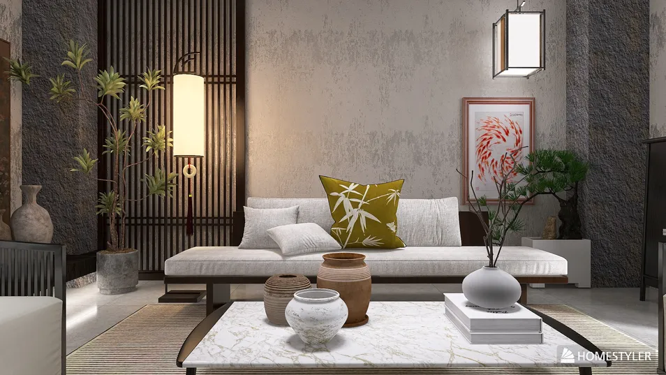 minimalist living room showcasing a stylish sofa arrangement with decorative cushions and art pieces, enhancing interior decor aesthetics while utilizing Homestyler's real-time 3D rendering feature for a realistic design preview.