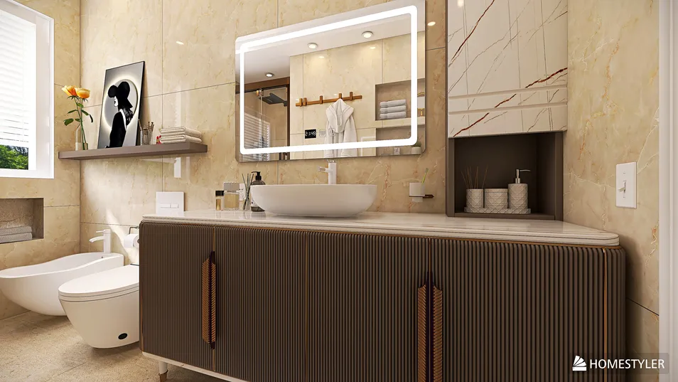 modern bathroom design showcasing a sleek vanity with a mirror and elegant decor, featuring a minimalist style for enhancing interior aesthetics, using Homestyler's real-time 3D rendering feature.