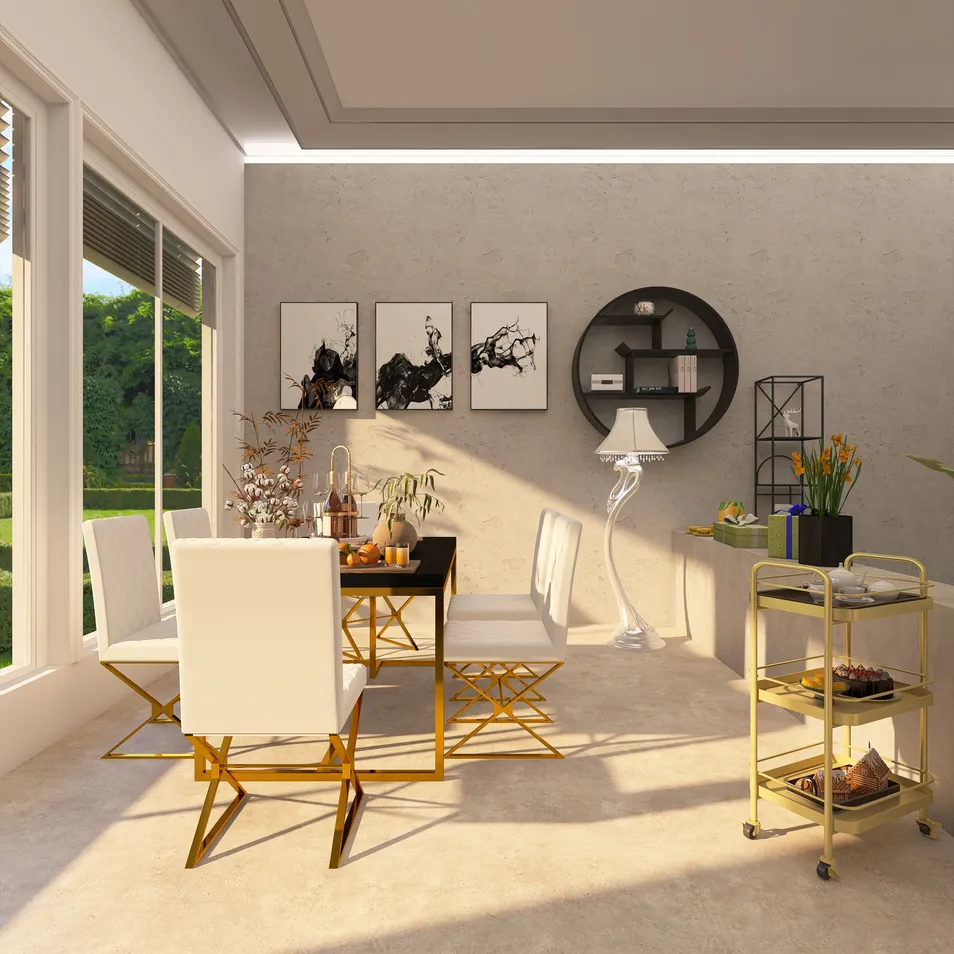 modern dining area with elegant furniture arrangement showcasing natural light and minimalistic decor, enhancing the spatial value of the interior, utilizing Homestyler's real-time 3D rendering feature.