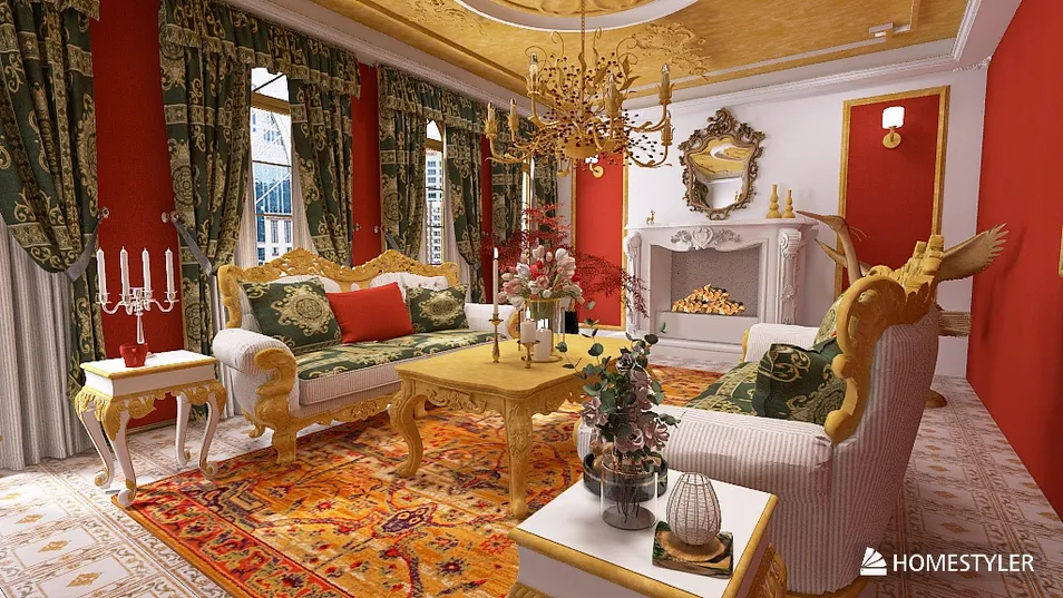 luxurious living room with ornate furniture featuring intricate designs and rich textures, showcasing an elegant interior decor style, enhanced by Homestyler's real-time 3D rendering feature for accurate design visualization.