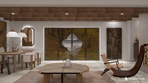 Modern dining area featuring a wooden dining table with minimalist design, showcasing a cozy atmosphere with natural elements and autumn scenery visible through large windows, created using Homestyler's real-time 3D rendering.